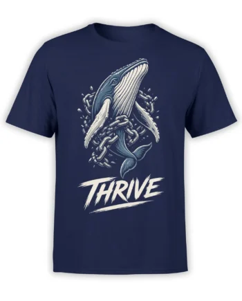 Whale breaking chains with bold “THRIVE” lettering on a navy graphic T-shirt
