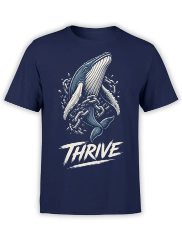 Whale breaking chains with bold “THRIVE” lettering on a navy graphic T-shirt