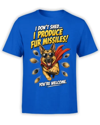 German shepherd in sunglasses and a red cape with flying fur on a blue T-shirt