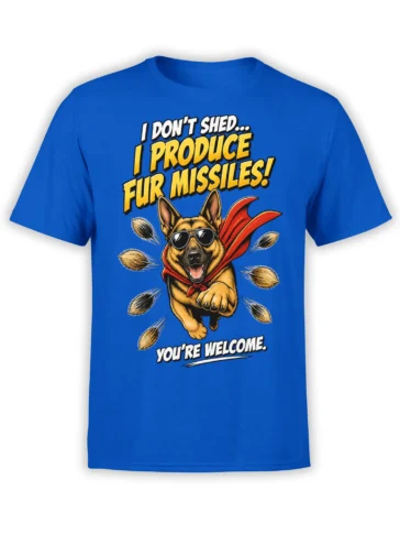 German shepherd in sunglasses and a red cape with flying fur on a blue T-shirt