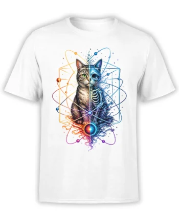 White T-shirt with split tabby and skeleton cat artwork surrounded by colorful atomic-style orbital lines