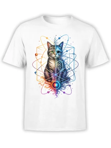 White T-shirt with split tabby and skeleton cat artwork surrounded by colorful atomic-style orbital lines