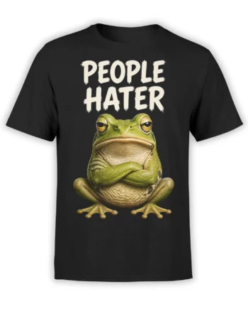 Grumpy green frog with crossed arms and “PEOPLE HATER” text on a black T-shirt