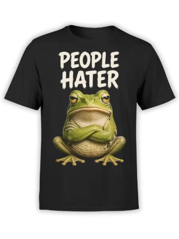 Grumpy green frog with crossed arms and “PEOPLE HATER” text on a black T-shirt