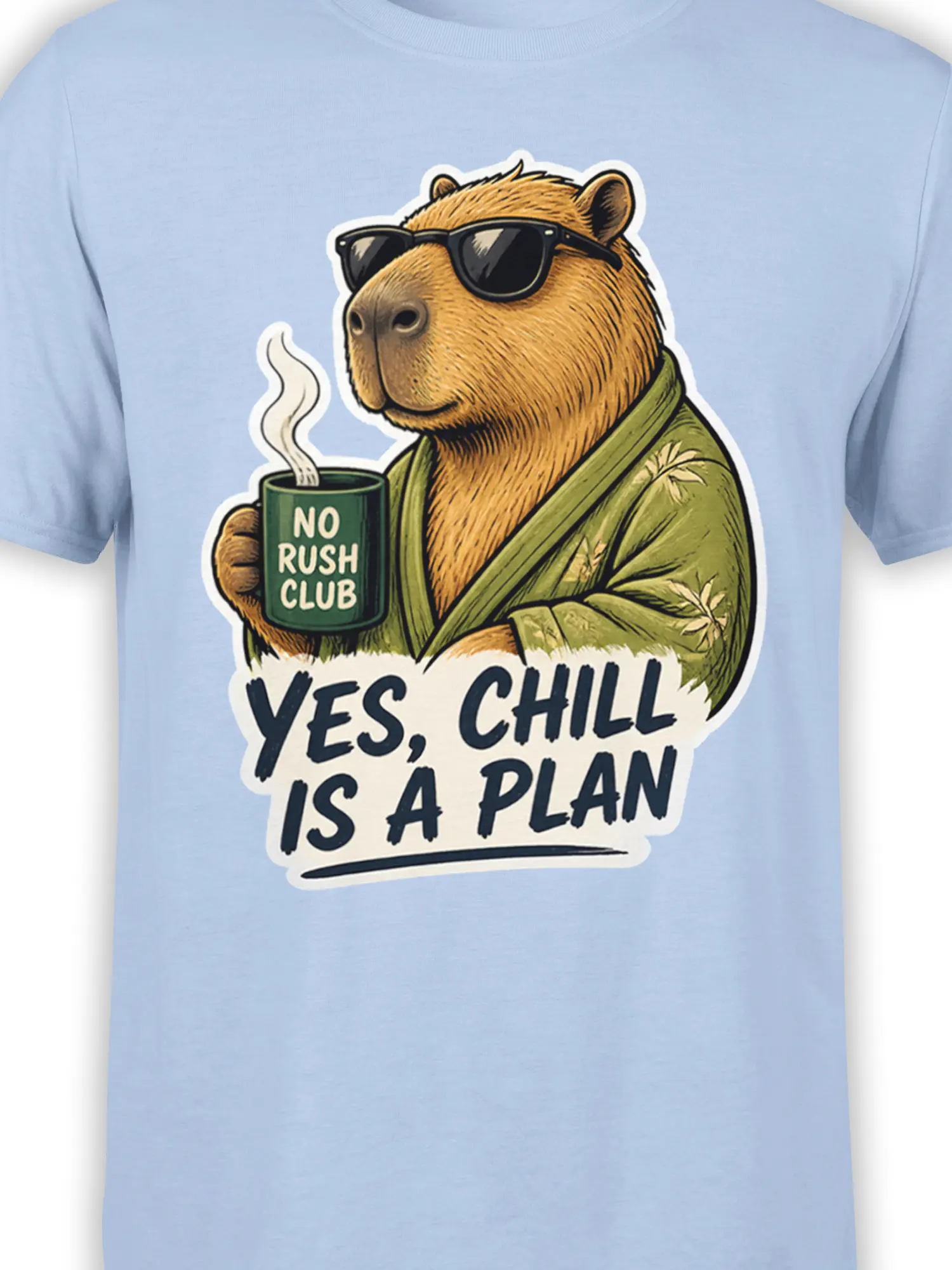 Close-up of relaxed capybara sunglasses, green robe, steaming mug, and “NO RUSH CLUB” design