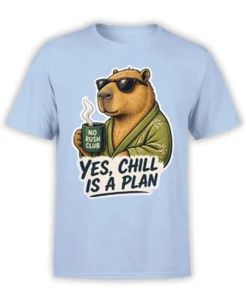 Light blue T-shirt with a relaxed capybara in sunglasses, robe, and steaming mug graphic