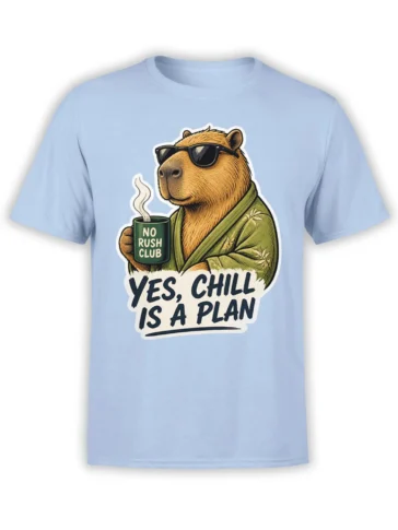 Light blue T-shirt with a relaxed capybara in sunglasses, robe, and steaming mug graphic