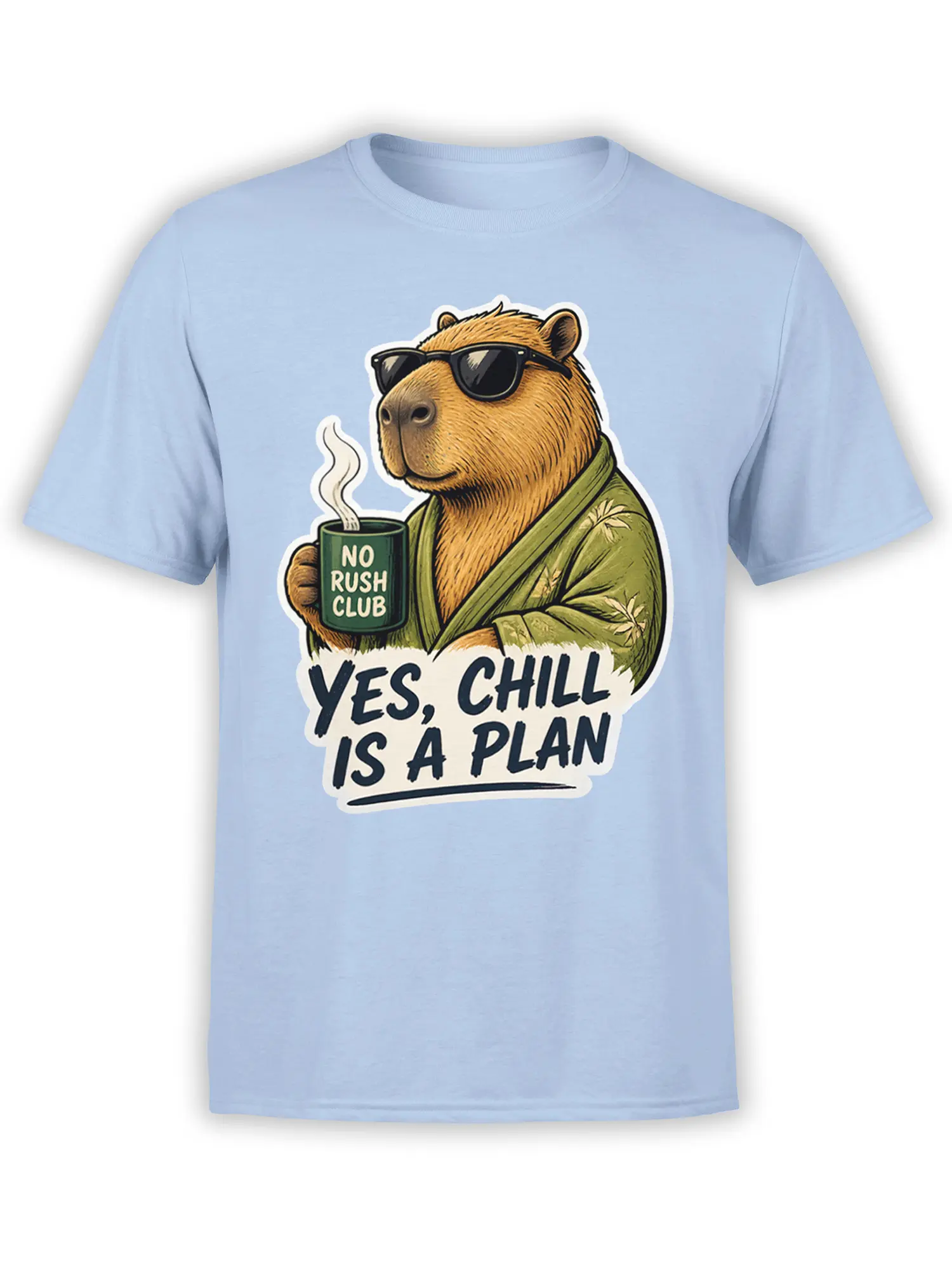 Light blue T-shirt with a relaxed capybara in sunglasses, robe, and steaming mug graphic
