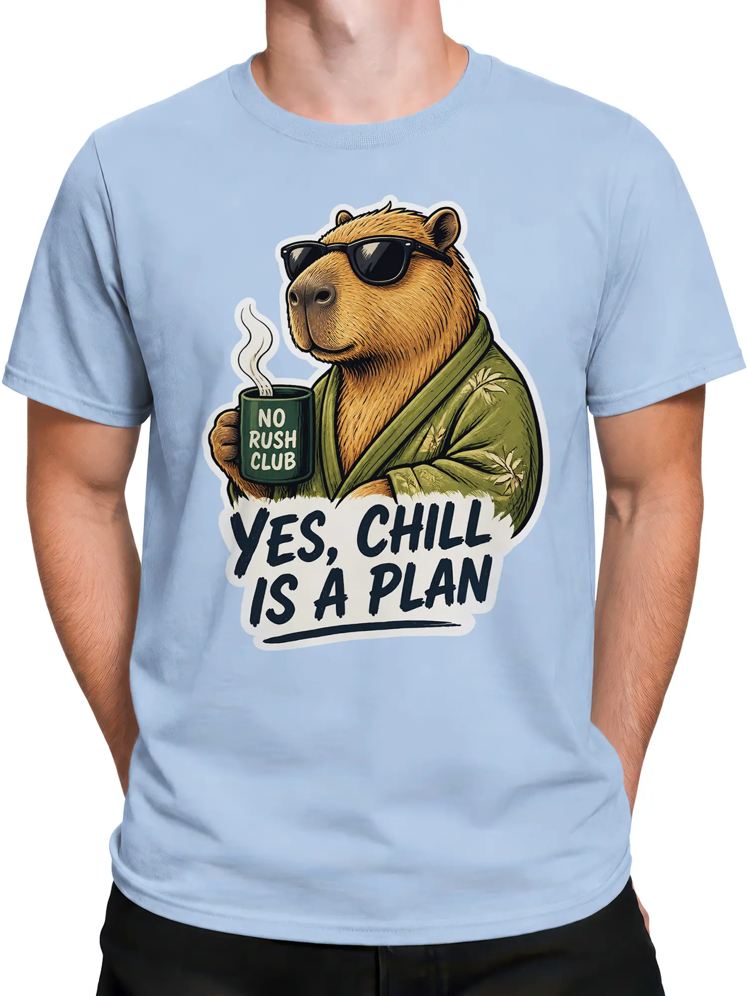 Male torso wearing a light blue capybara T-shirt with a no-rush coffee-themed graphic