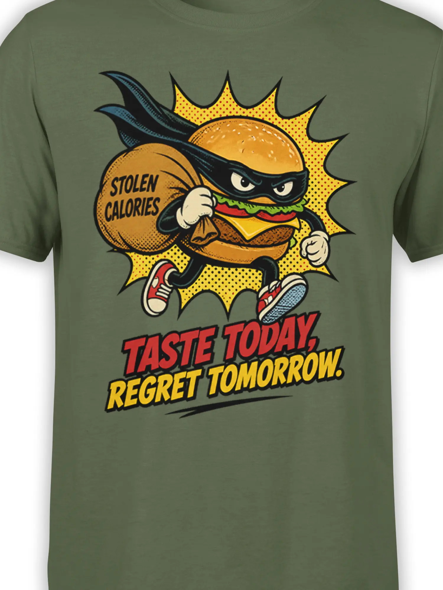 Close-up of masked burger superhero artwork and stolen calories slogan on a green graphic T-shirt