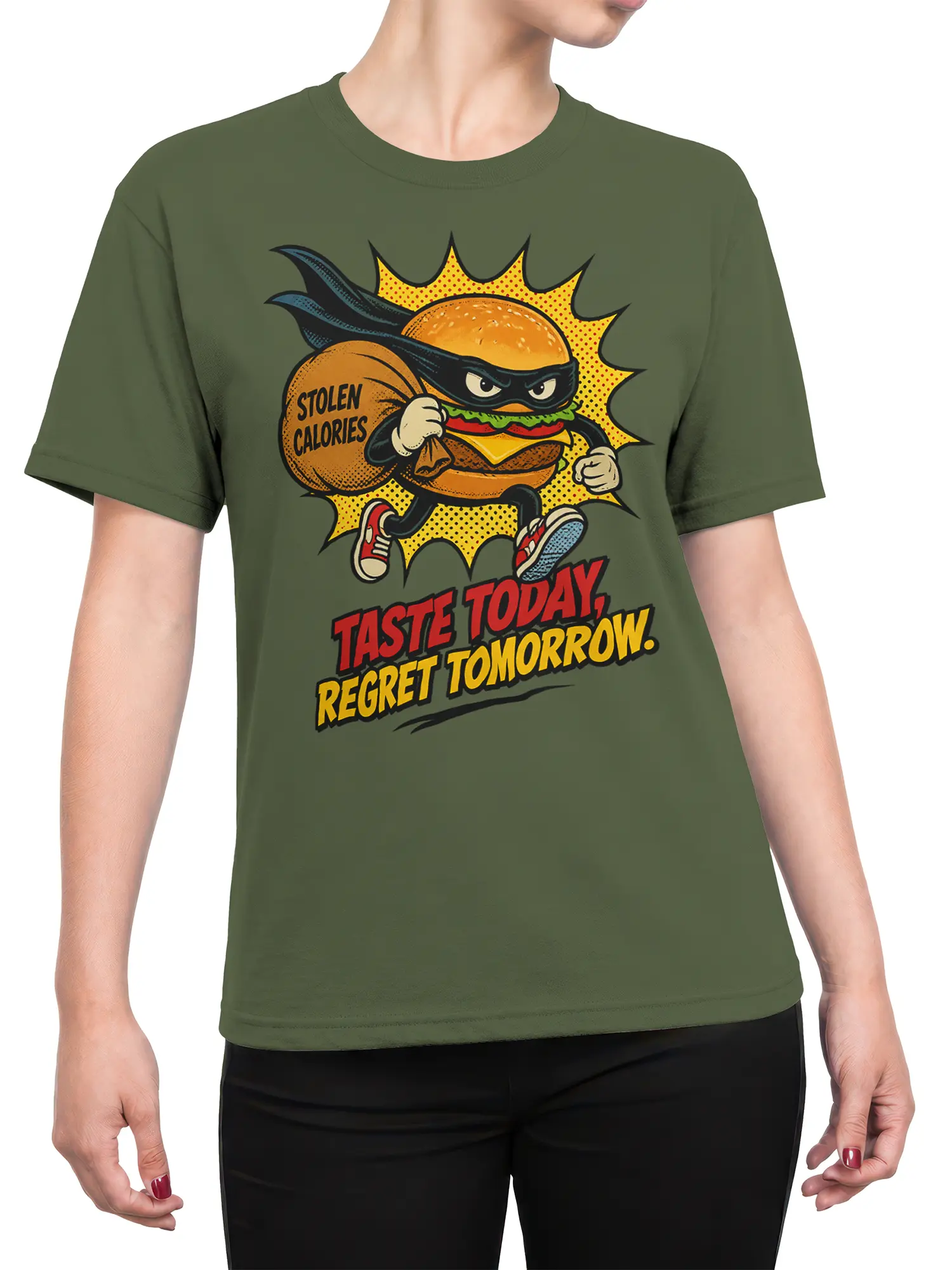 Female torso wearing a green T-shirt with a masked burger superhero and bold stolen calories artwork