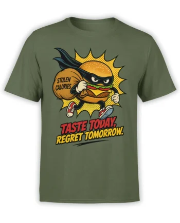Masked burger superhero carrying stolen calories on a green T-shirt with bold comic-style lettering