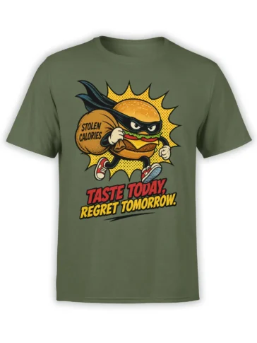 Masked burger superhero carrying stolen calories on a green T-shirt with bold comic-style lettering
