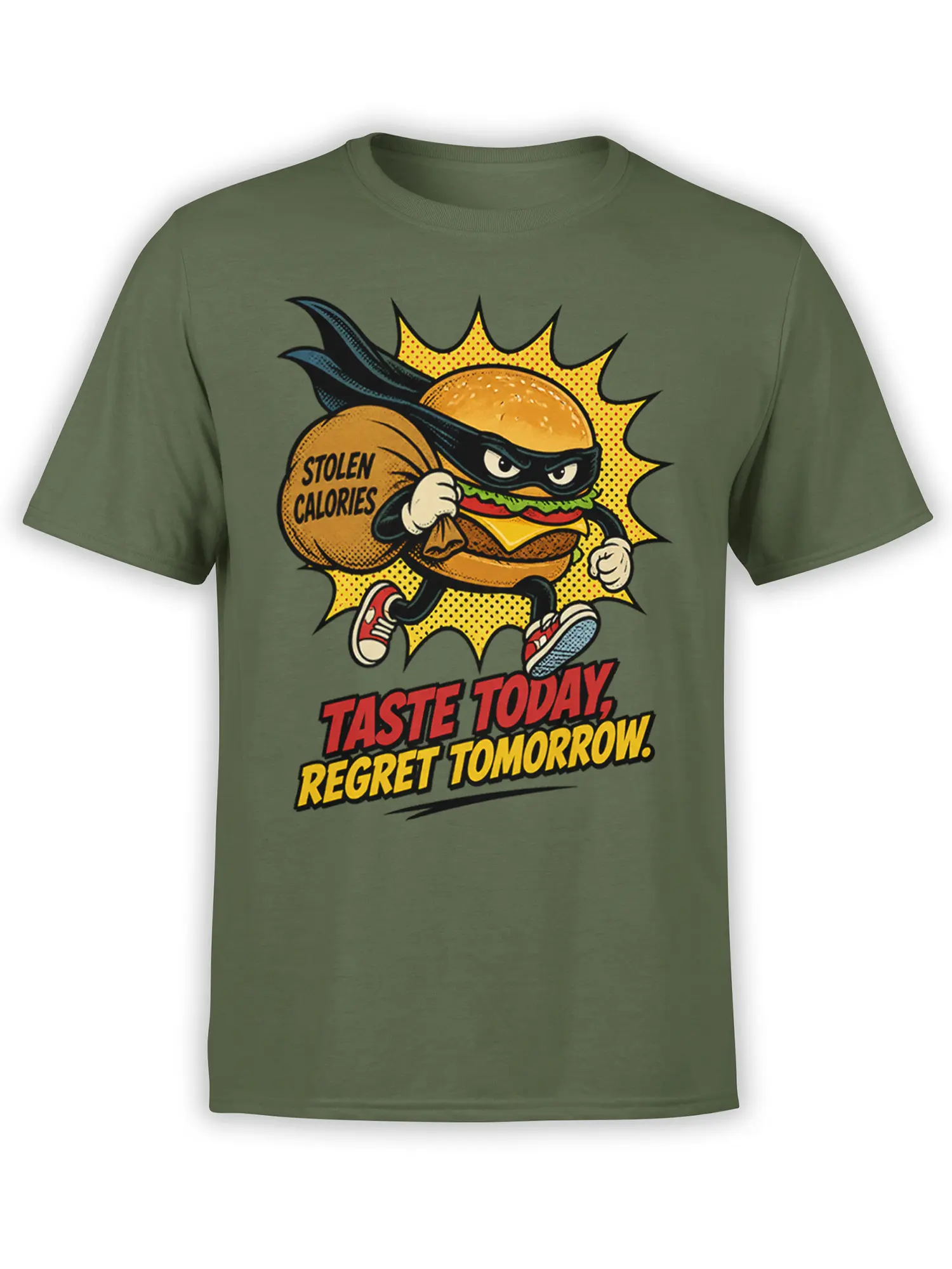 Masked burger superhero carrying stolen calories on a green T-shirt with bold comic-style lettering