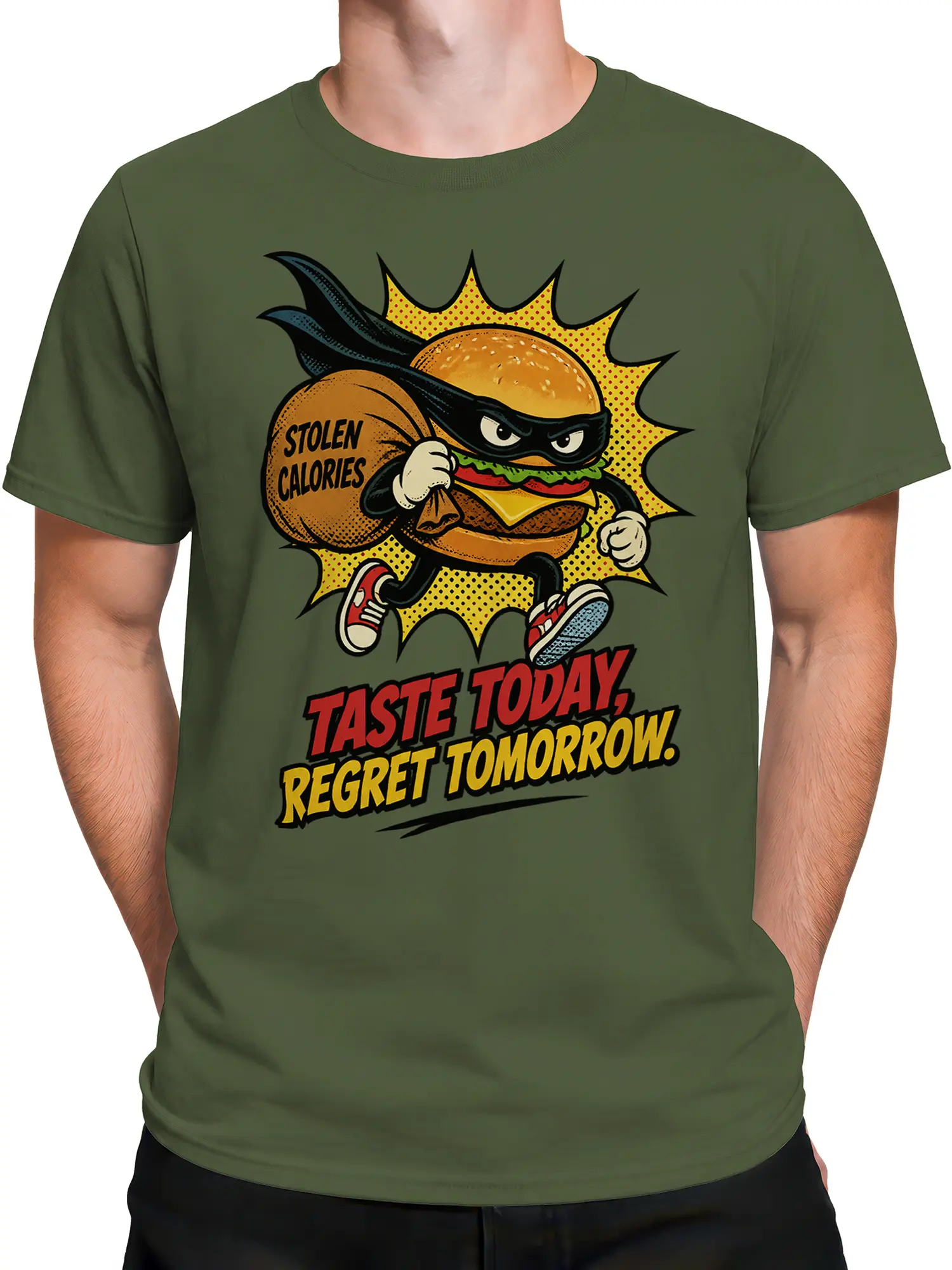 Male torso wearing a green T-shirt with masked burger superhero and retro food graphic artwork