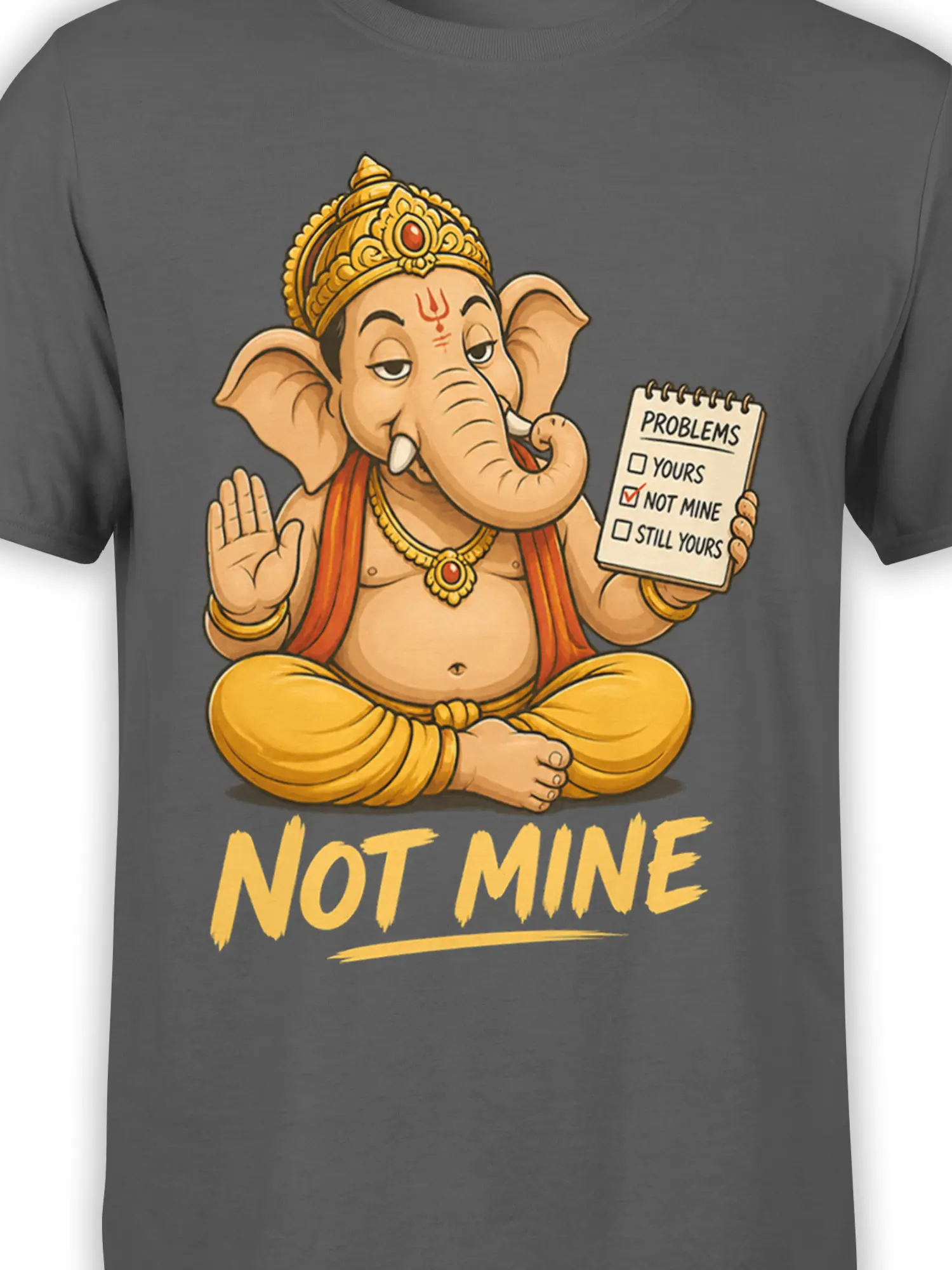 Close-up of the crowned elephant-headed figure and “NOT MINE” checklist artwork on a gray T-shirt