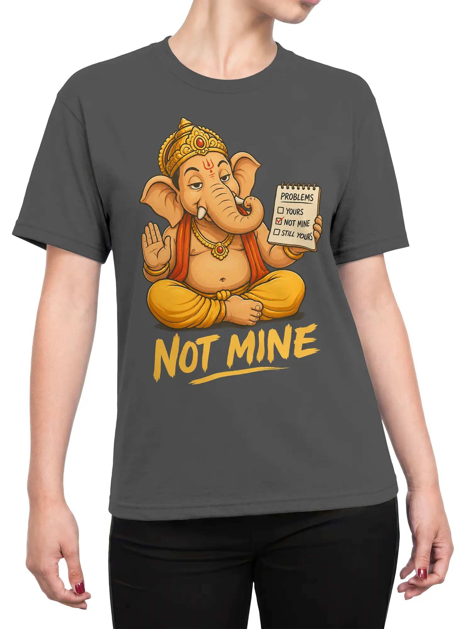 Female torso wearing a gray T-shirt with a calm crowned elephant figure and “NOT MINE” graphic