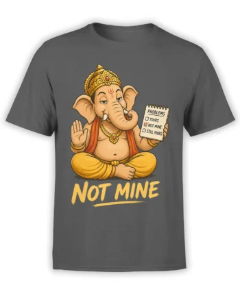 Gray T-shirt with a crowned elephant-headed figure, checklist humor, and bold yellow “NOT MINE” lettering