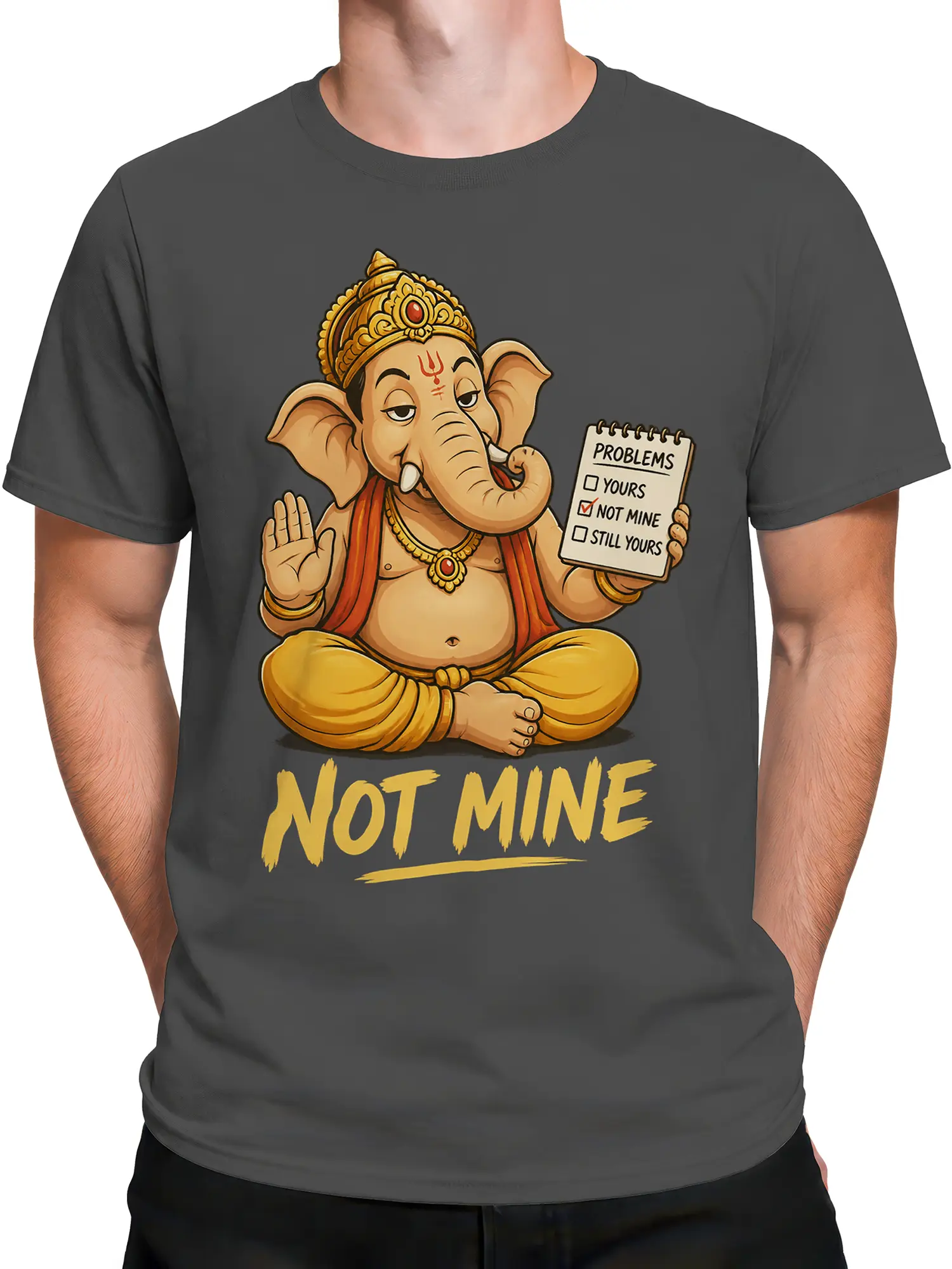 Male torso wearing a gray elephant graphic T-shirt with bold “NOT MINE” lettering