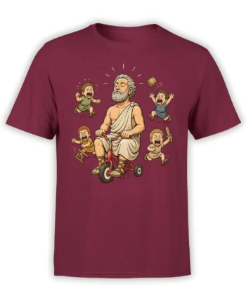 Burgundy T-shirt with a bearded classical figure riding a red tricycle among shouting children