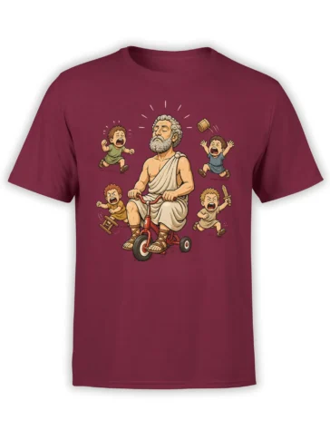 Burgundy T-shirt with a bearded classical figure riding a red tricycle among shouting children