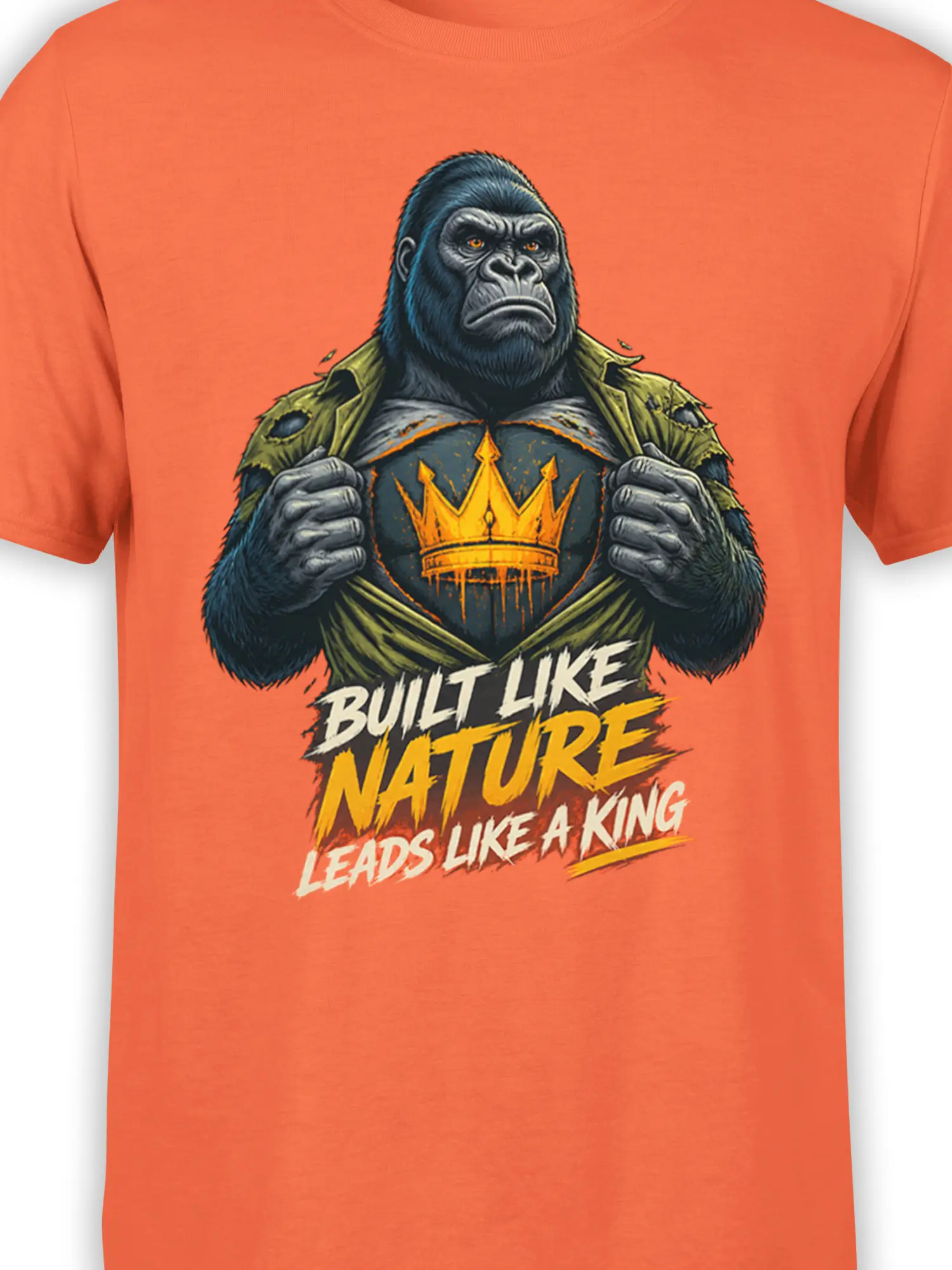 Close-up of crowned gorilla artwork and bold leadership text on orange T-shirt