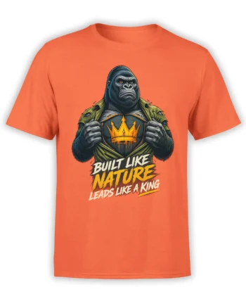 Orange T-shirt with a powerful crowned gorilla graphic and “Built Like Nature” lettering