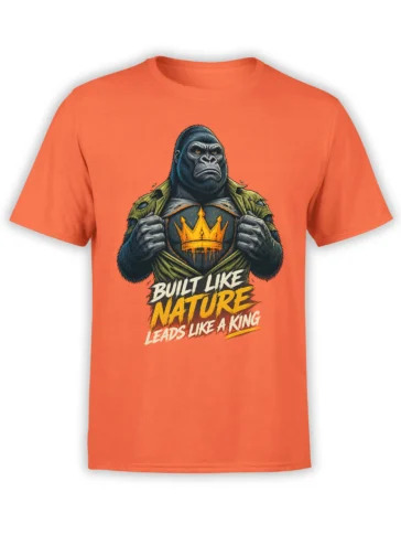 Orange T-shirt with a powerful crowned gorilla graphic and “Built Like Nature” lettering