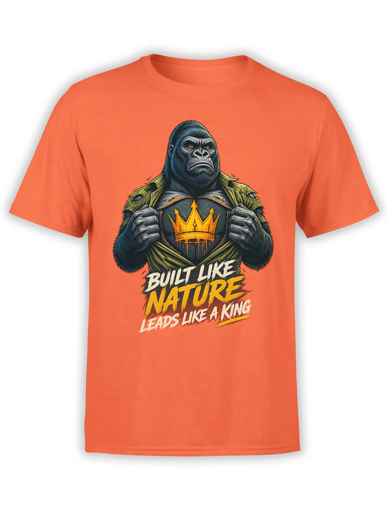 Orange T-shirt with a powerful crowned gorilla graphic and “Built Like Nature” lettering