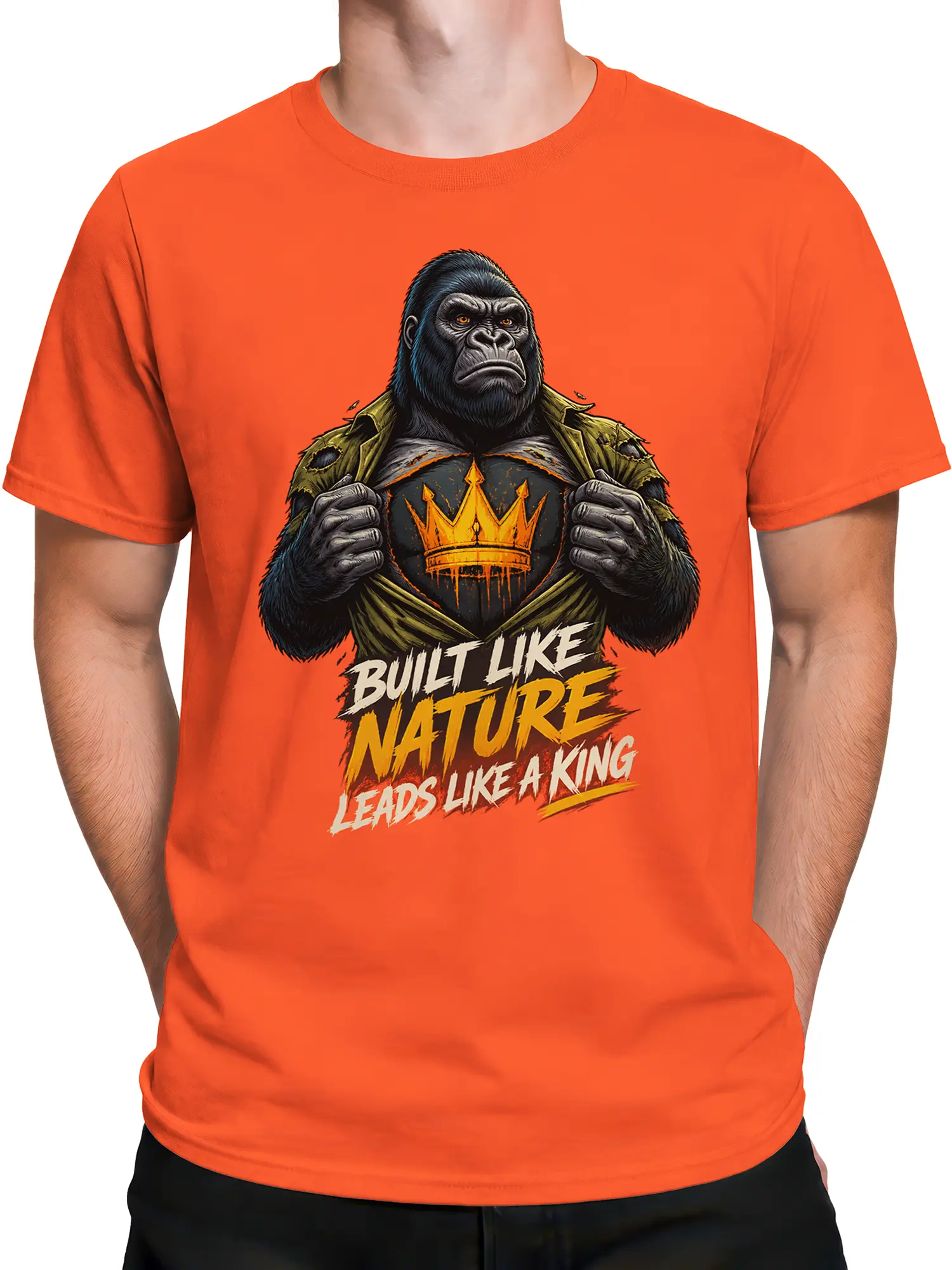 Male torso wearing an orange T-shirt with a powerful gorilla crown graphic and king slogan