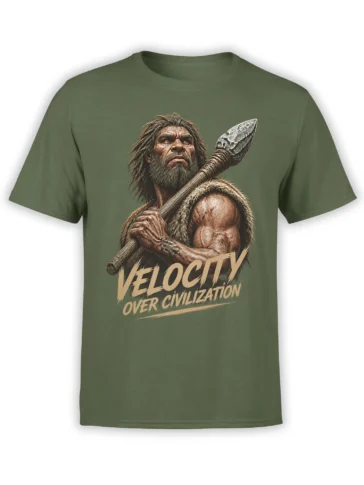 Olive green caveman T-shirt with a bearded prehistoric man, stone spear, and “VELOCITY OVER CIVILIZATION” text