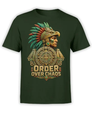 Dark green T-shirt with a Mesoamerican-inspired warrior, feathered headdress, calendar design, and Order Over Chaos text