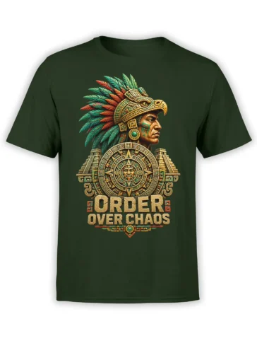 Dark green T-shirt with a Mesoamerican-inspired warrior, feathered headdress, calendar design, and Order Over Chaos text