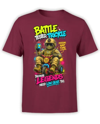 Armored soldier riding a tricycle with a sippy cup and colorful nap-time lettering on a burgundy shirt