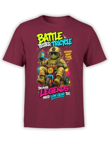 Armored soldier riding a tricycle with a sippy cup and colorful nap-time lettering on a burgundy shirt