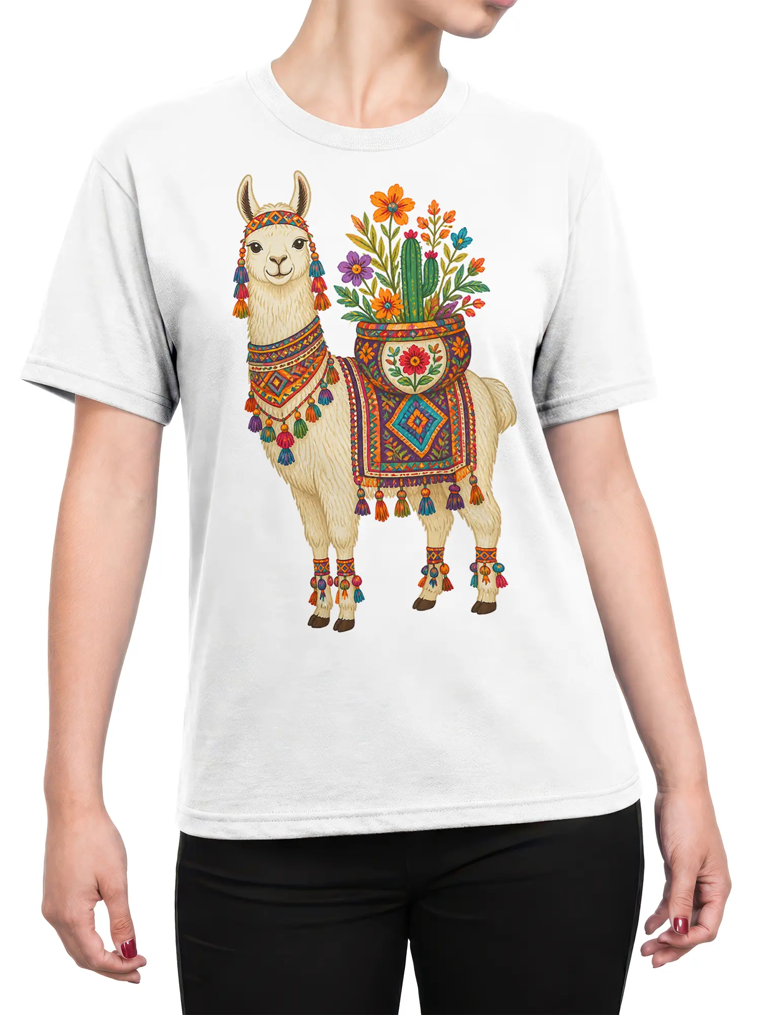 Female torso wearing a white T-shirt with a colorful folk-art llama and cactus garden design