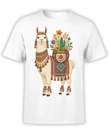 White T-shirt featuring a colorful llama carrying a cactus and flower garden in folk-art style