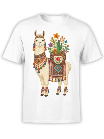 White T-shirt featuring a colorful llama carrying a cactus and flower garden in folk-art style
