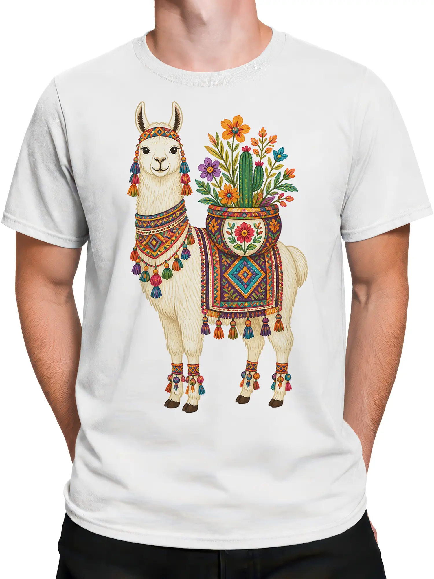 Male torso wearing a white T-shirt with a colorful llama carrying a cactus garden