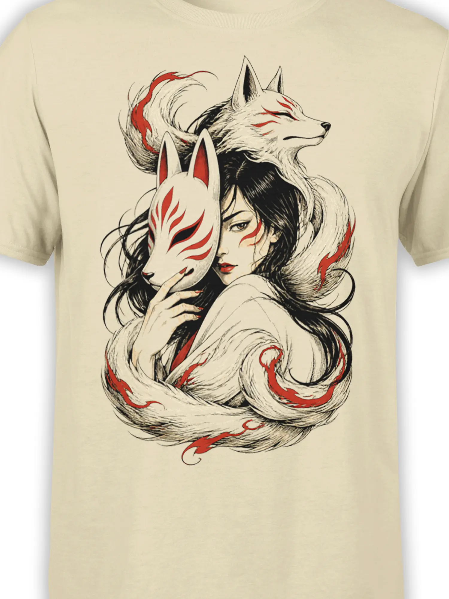 Close-up of fox mask artwork and woman portrait with black linework and red details on a beige tee