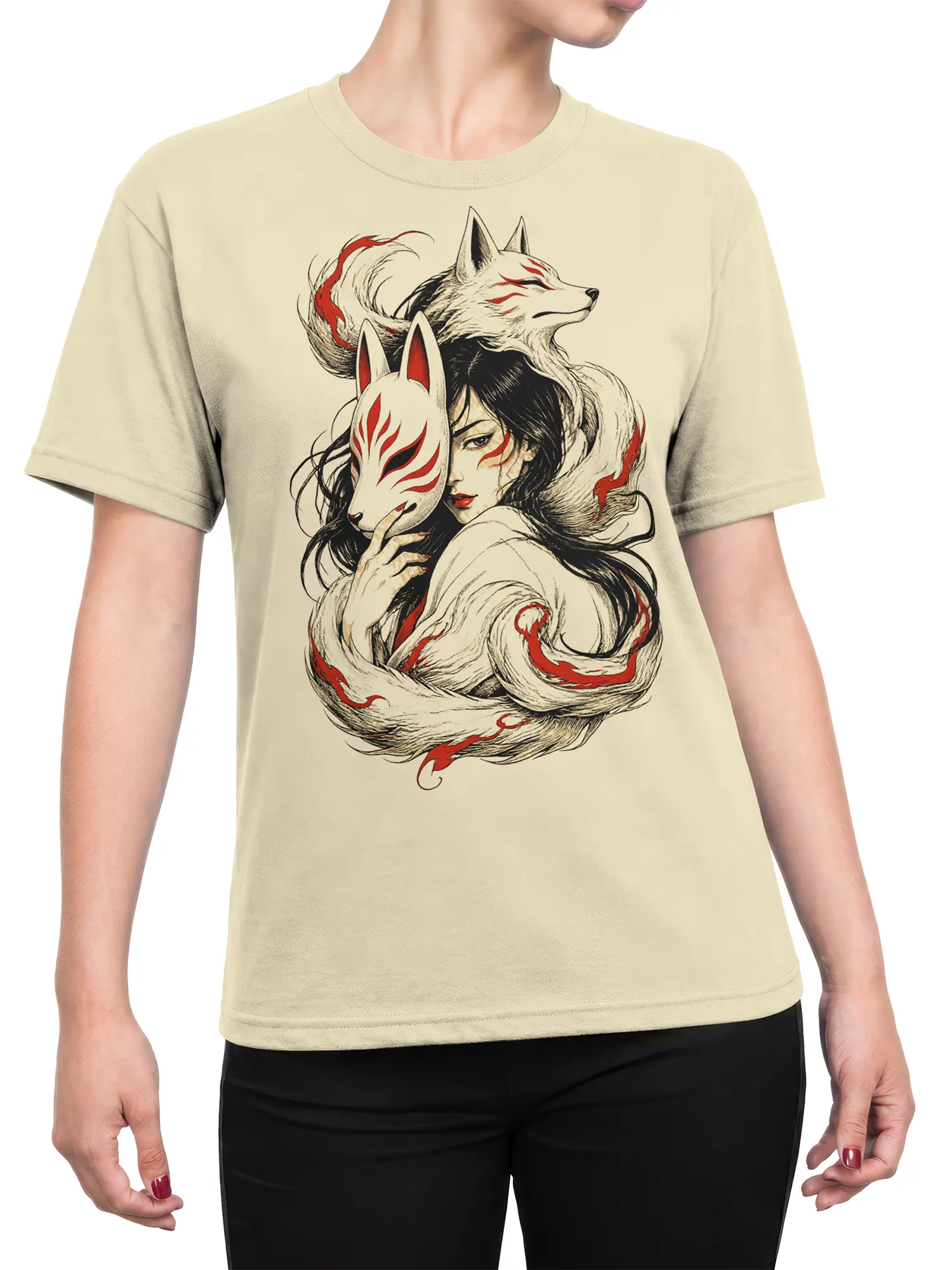 Female torso wearing a beige T-shirt with a mysterious woman and fox mask graphic in black, white, and red