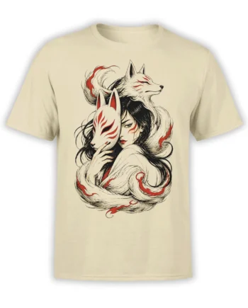 Beige T-shirt with a mysterious woman, white fox masks, flowing tails, and red ink-style markings