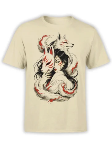 Beige T-shirt with a mysterious woman, white fox masks, flowing tails, and red ink-style markings