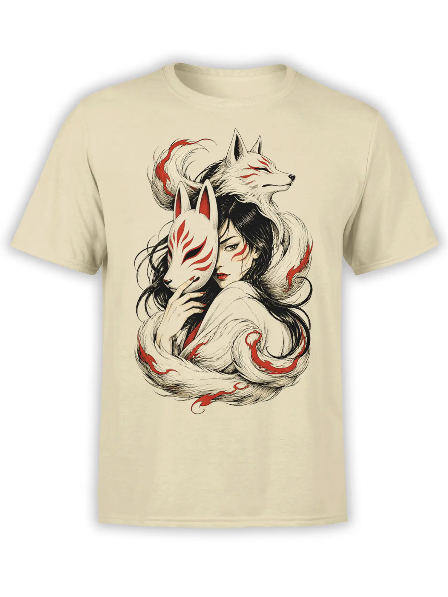 Beige T-shirt with a mysterious woman, white fox masks, flowing tails, and red ink-style markings