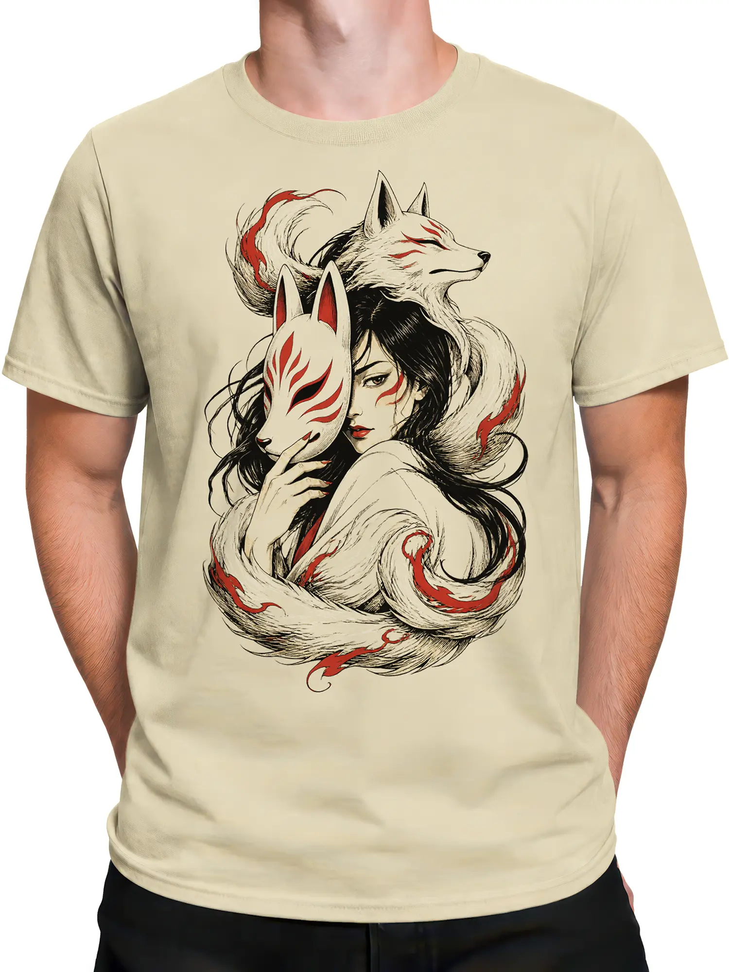 Male torso wearing a beige graphic T-shirt with a woman, white fox masks, and flowing red-accented tails