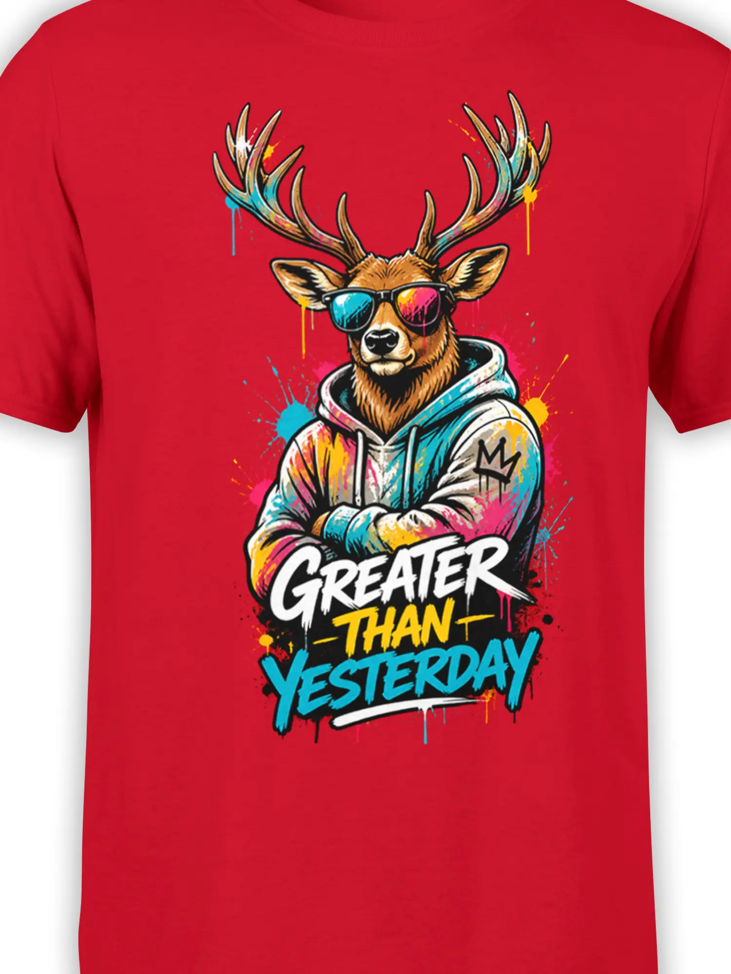Close-up of the deer graphic, sunglasses, hoodie, paint splashes, and motivational lettering on a red shirt