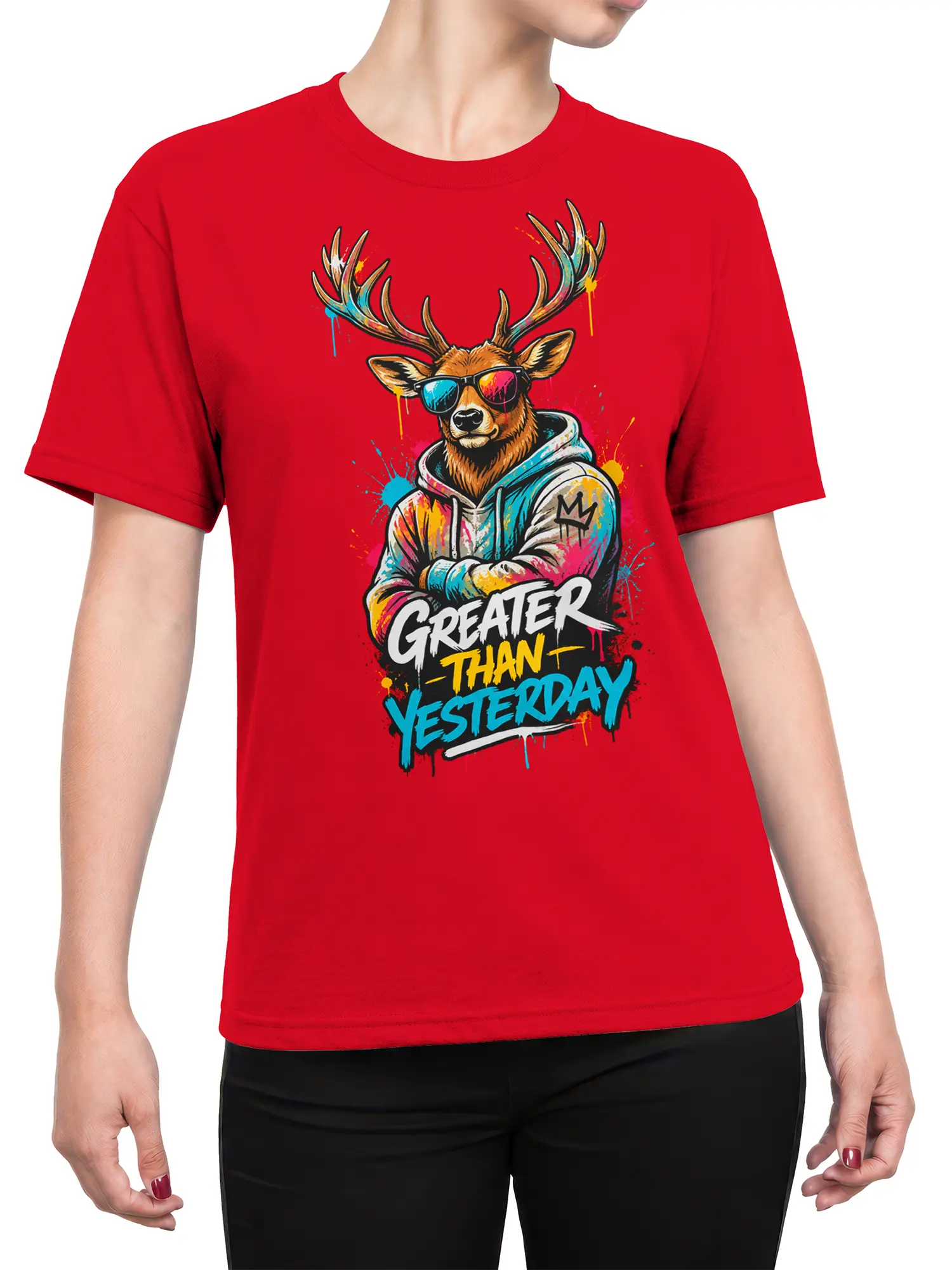 Female torso wearing a red T-shirt with a colorful hoodie-wearing deer and “Greater Than Yesterday” graphic