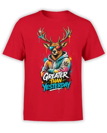 Red T-shirt with a colorful deer in sunglasses and a hoodie above “Greater Than Yesterday” lettering