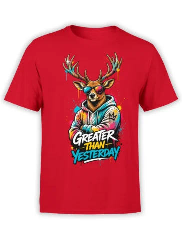 Red T-shirt with a colorful deer in sunglasses and a hoodie above “Greater Than Yesterday” lettering