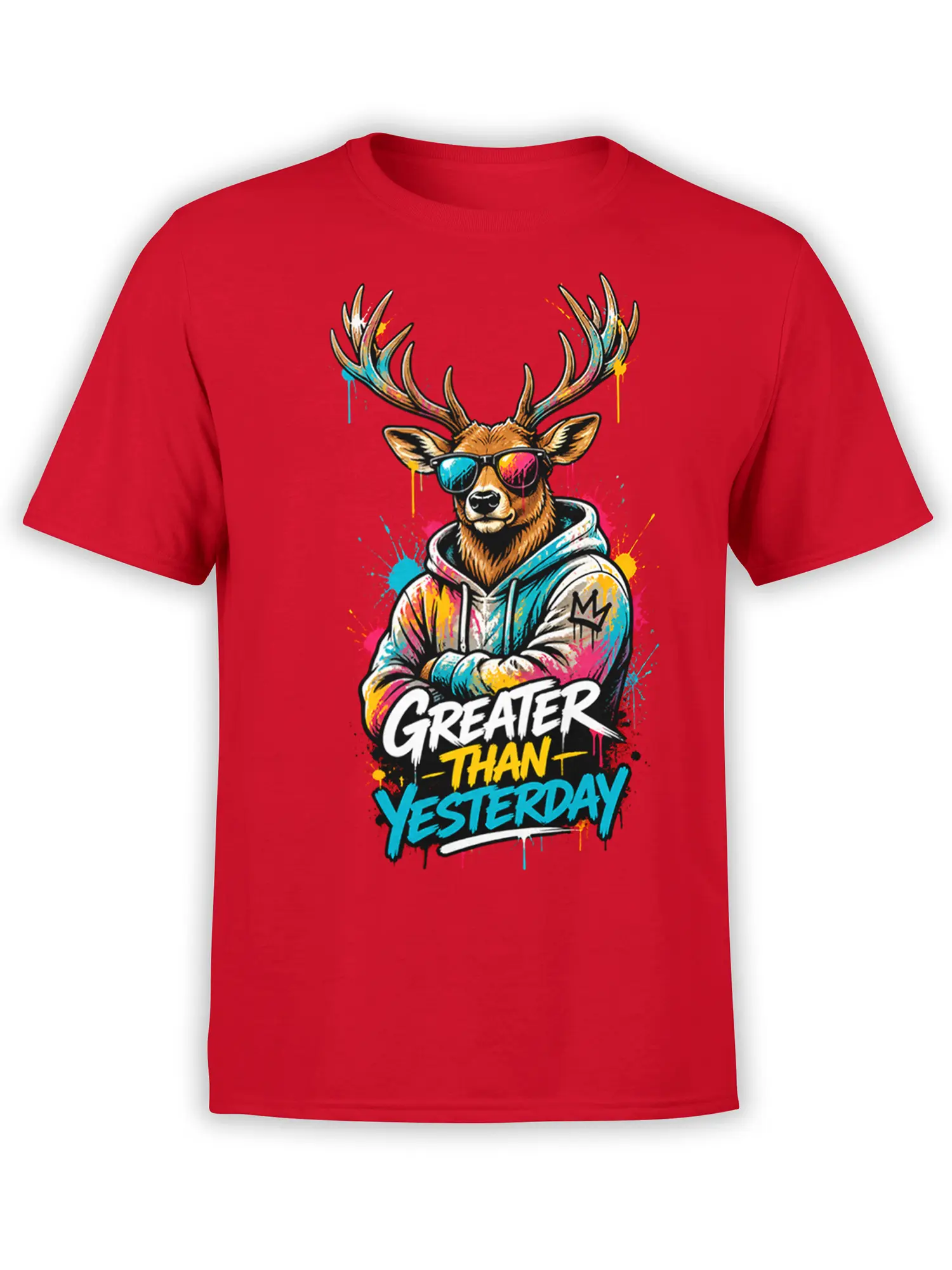 Red T-shirt with a colorful deer in sunglasses and a hoodie above “Greater Than Yesterday” lettering